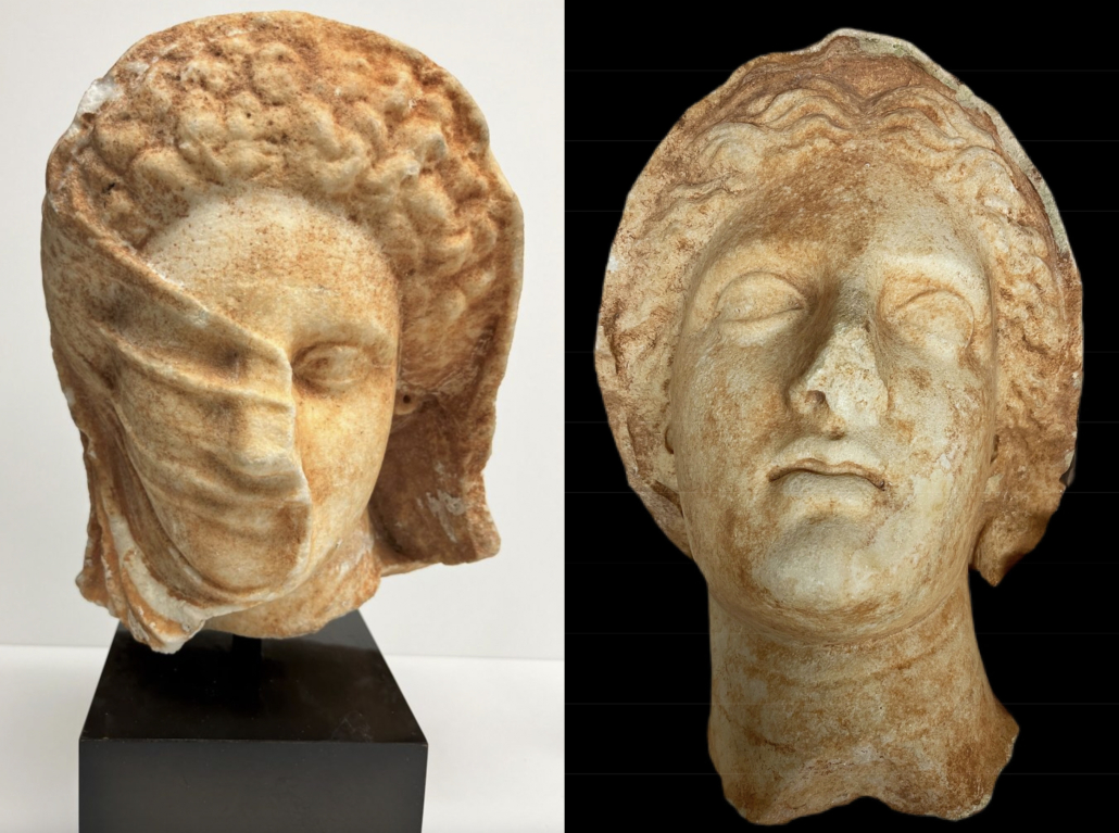 US authorities have returned a cache of looted antiquities to Libya, among them a Hellenic bust of a veiled woman (left) and a work dubbed ‘Veiled Head of a Female,’ (right) both dating to circa 350 BCE. Images courtesy of the Manhattan District Attorney’s Office.