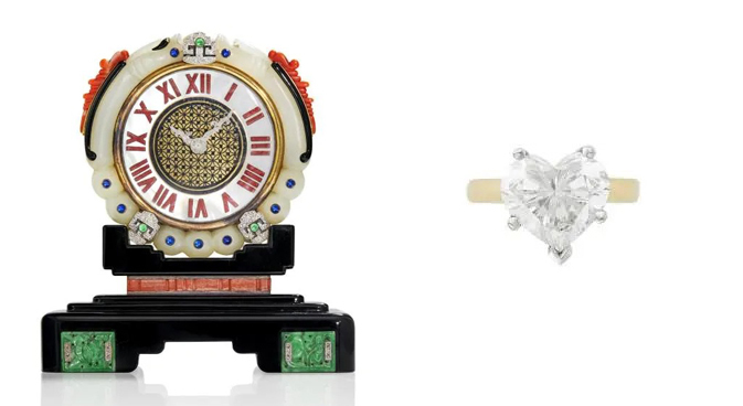 Left: Circa-1925 Art Deco desk clock by Cartier, $359,100; Right, Heart-shaped diamond ring weighing 5.02 carats, $37,800