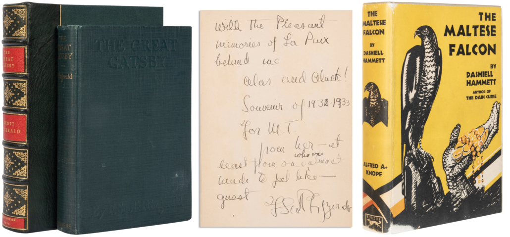 Left, presentation copy of The Great Gatsby, est. $30,000-$50,000; Right, first edition of The Maltese Falcon, est. $8,000-$12,000