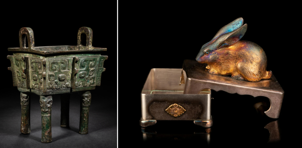 Left, archaic bronze rectangular food vessel, Fangding, $487,500; Right, Japanese silver rabbit-form bonbonniere, $8,125