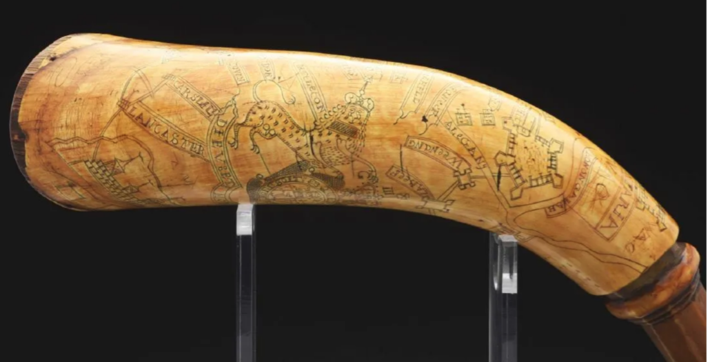 A Forbes Road map powder horn engraved by John Fox for soldier John Cox made $72,500 plus the buyer’s premium in September 2018. Image courtesy of Dan Morphy Auctions and LiveAuctioneers.