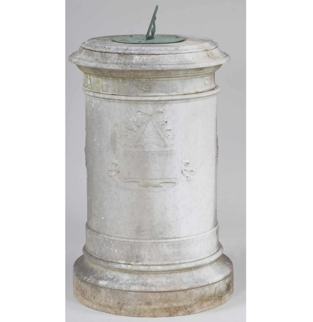 This large carved marble sundial realized $4,600 plus the buyer’s premium in March 2022 at South Bay Auctions. Image courtesy of South Bay Auctions and LiveAuctioneers.