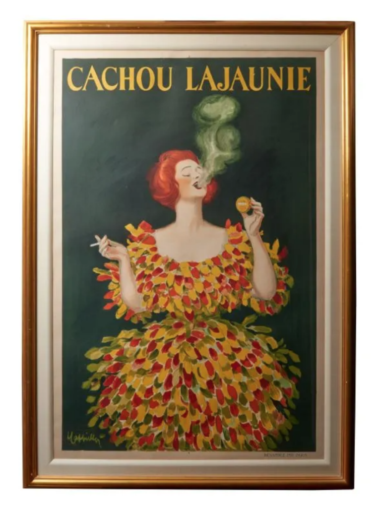 Vintage posters are expected to be strong performers, given Tarusak’s expertise and background in the category. Cachou Lajaunie, a 1920 image by Leonetto Cappiello, went out at $3,580 plus the buyer’s premium. Image courtesy of La Belle Epoque Auction Gallery and LiveAuctioneers.