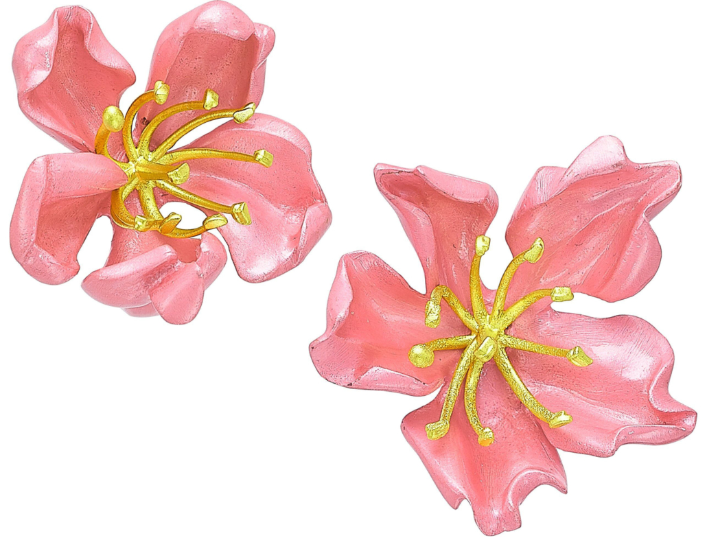 18K gold, silver, pink enamel almond blossom ear clips by JAR, est. $5,000-$7,000. Image courtesy of Heritage Auctions