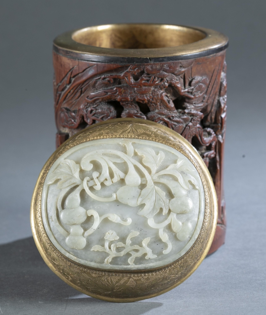 19th-century Chinese bamboo and brass tea caddy with a jade lid, est. $4,000-$6,000. Image courtesy of Quinn’s Auction Galleries