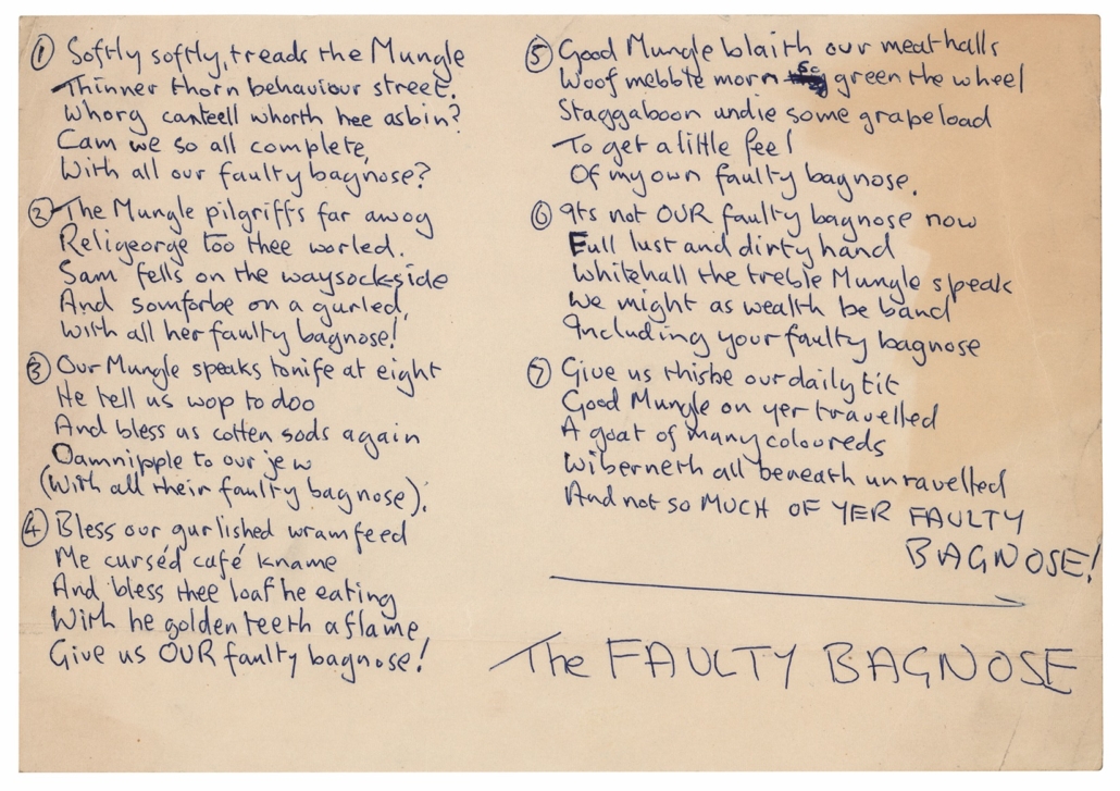 Handwritten poem by John Lennon, ‘The Faulty Bagnose,’ est. $30,000-$40,000