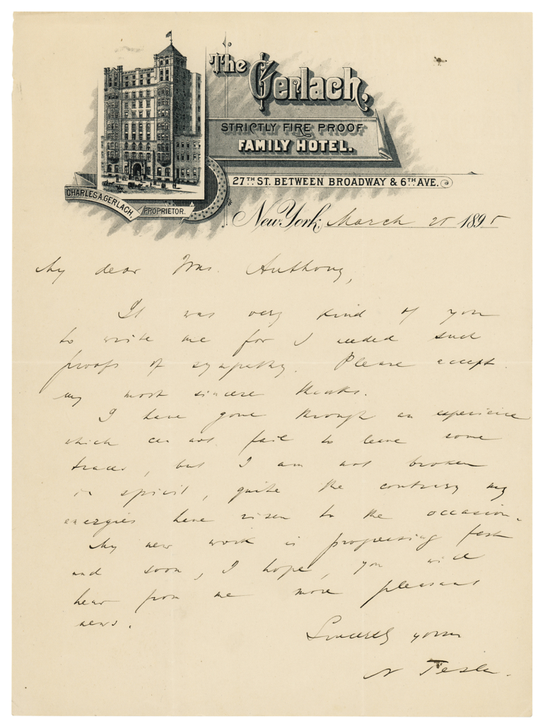 March 1895 letter from Nikola Tesla on Gerlach Hotel letterhead, $43,750