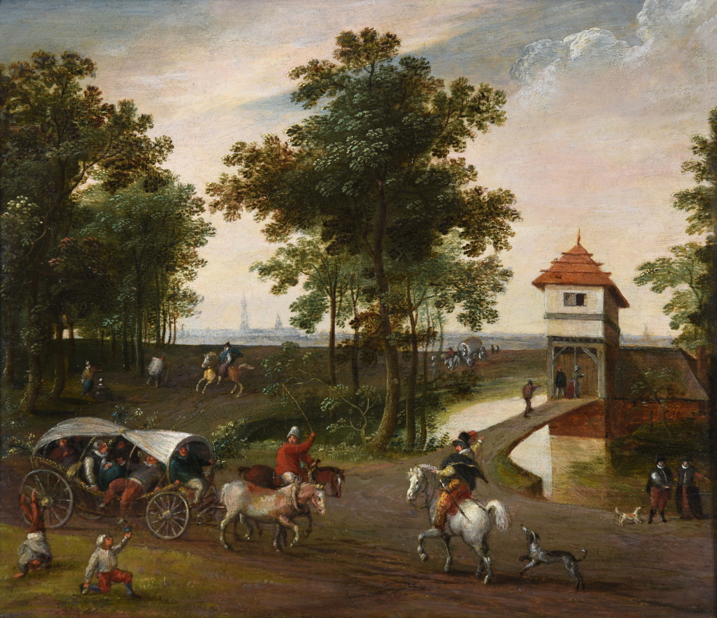 Jacob Grimmer, ‘Travellers on a Track, a View of Antwerp Beyond,’ £53,750