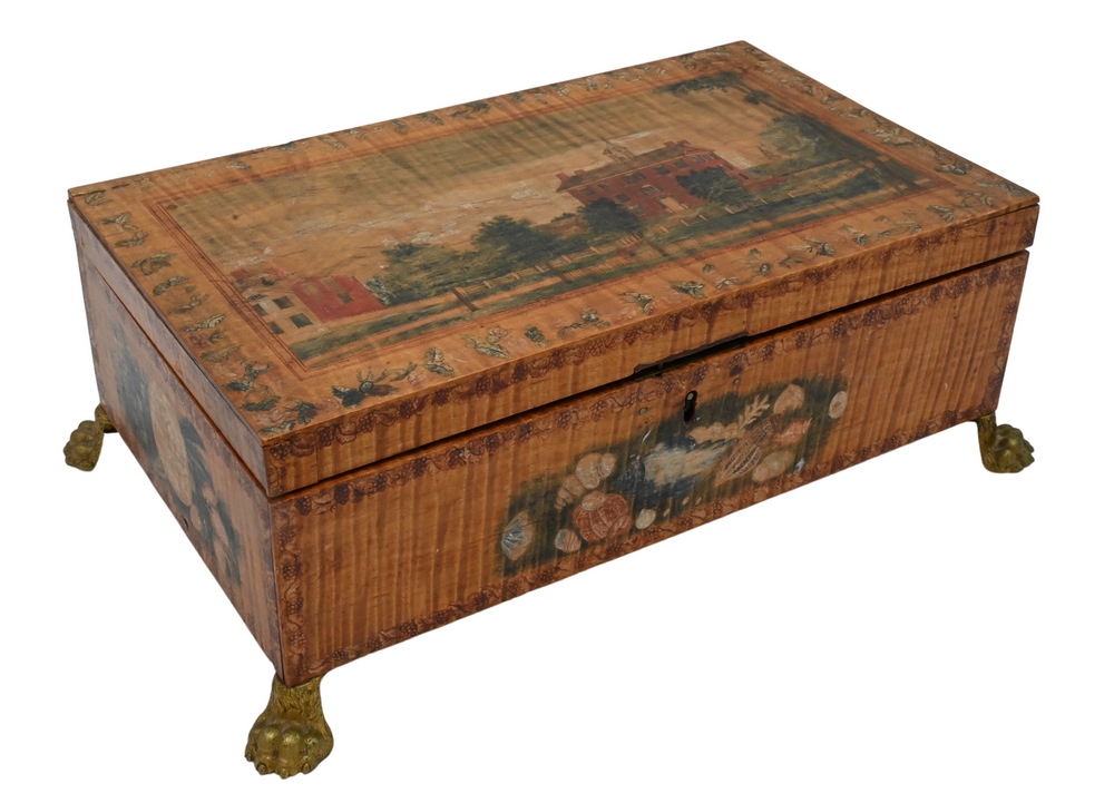 19th-century tiger maple lift top box, $7,380