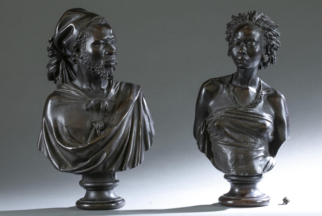 Left, bronze statue after Charles Henri Joseph Cordier of Said Abdallah of the Mayac, Kingdom of the Darfur (Sudan), est. $6,000-$9,000; Right, bronze statue of Venus Africaine by Charles Henri Joseph Cordier, est. $12,000-$16,000. Images courtesy of Quinn’s Auction Galleries