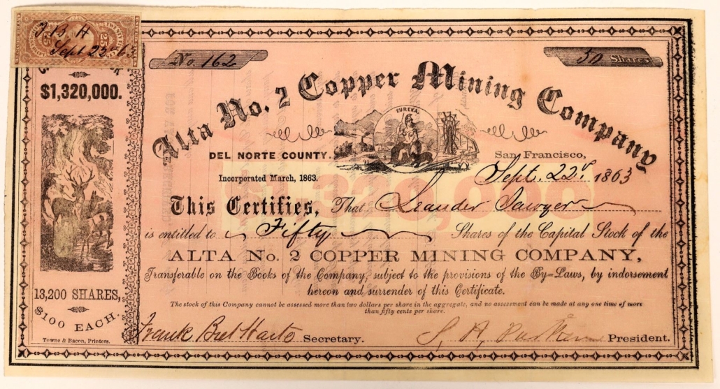Alta No. 2 Copper Mining Company stock certificate, signed by author Bret Harte as secretary, est. $4,800-$10,000