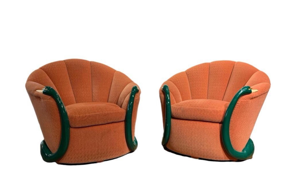 Pair of circa 1980s Art Deco style lacquered wood and upholstered club chairs, $3,567
