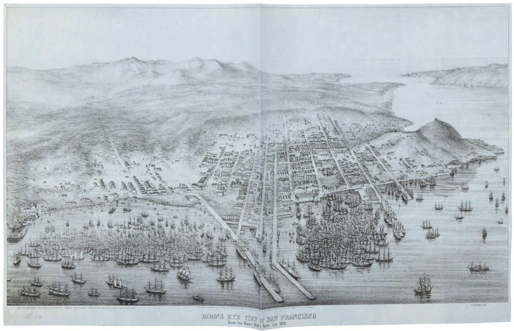 ‘Bird’s Eye View of San Francisco Drawn from Meream’s Model & Nature July 1852,’ published by Cooke & LeCount, $9,375