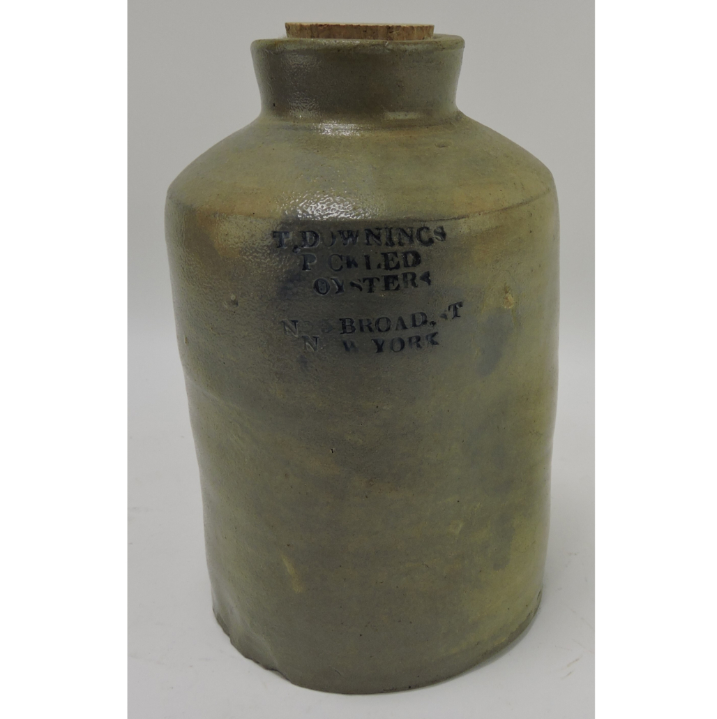 Thomas Downing cylindrical oyster jar with blue decorated lettering, est. $3,000-$5,000