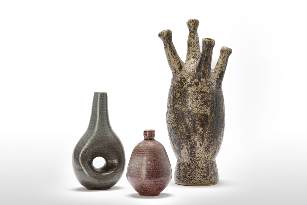 Katherine Choy (American, born China, 1927-1958), ‘Group of Three Vases,’ circa 1952–1957. Glazed stoneware; tallest height 17in. Clay Art Center Collection and New Orleans Museum of Art, Gift of Evelyn Witherspoon, 87.152