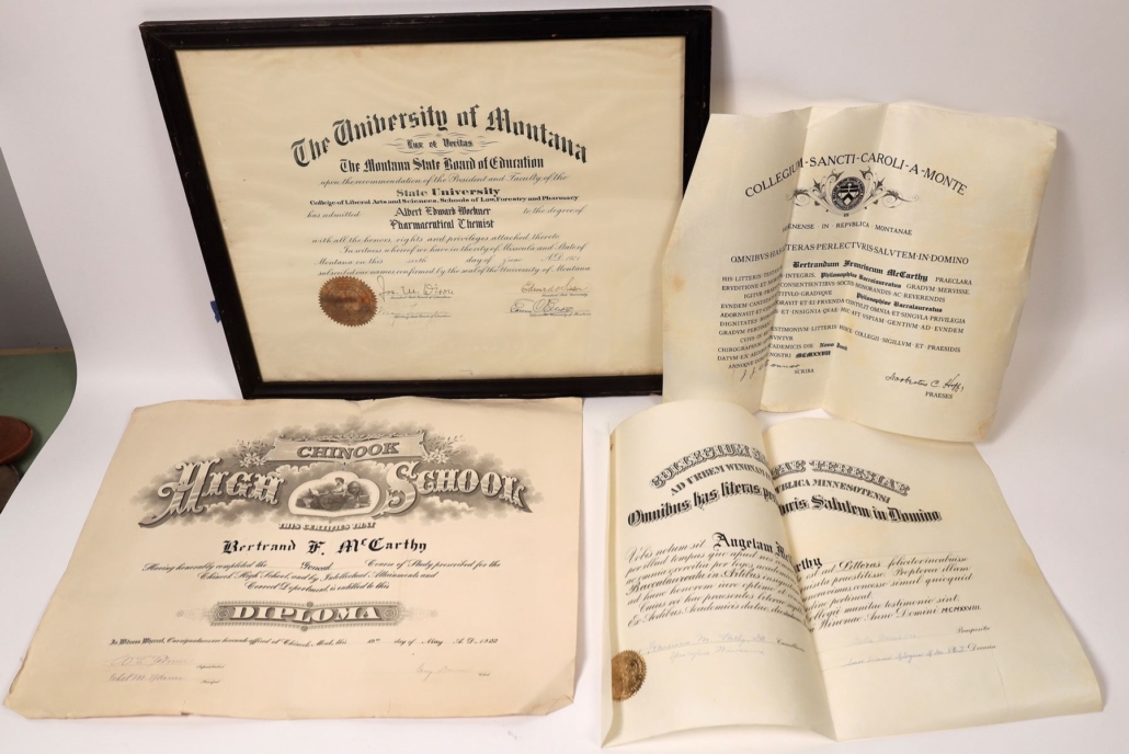 Group of four early 20th-century diplomas and certificates from Montana institutions, est. $160-$400