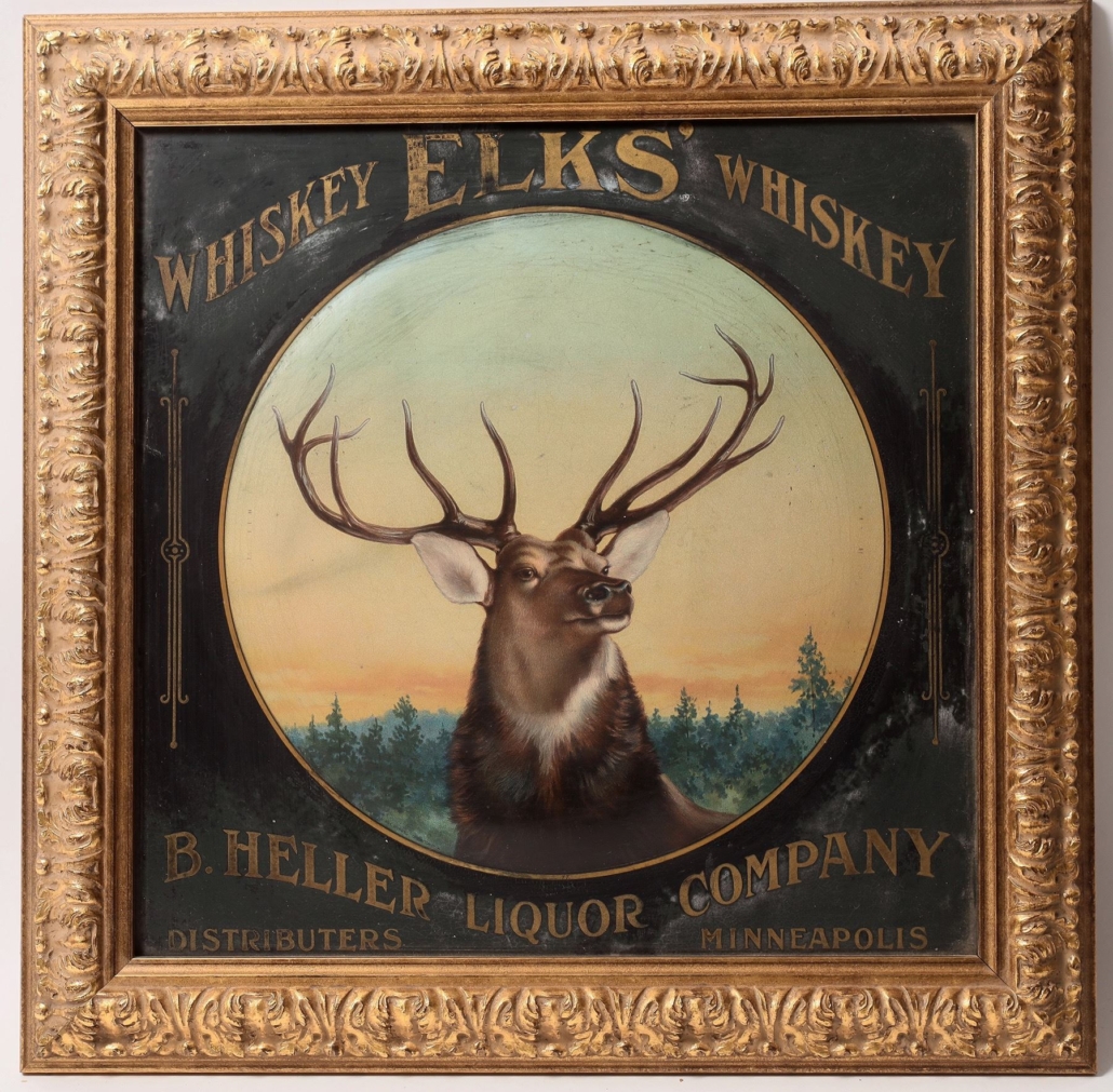 Circa-1901 original Elks Whiskey painted raised metal sign, $1,560