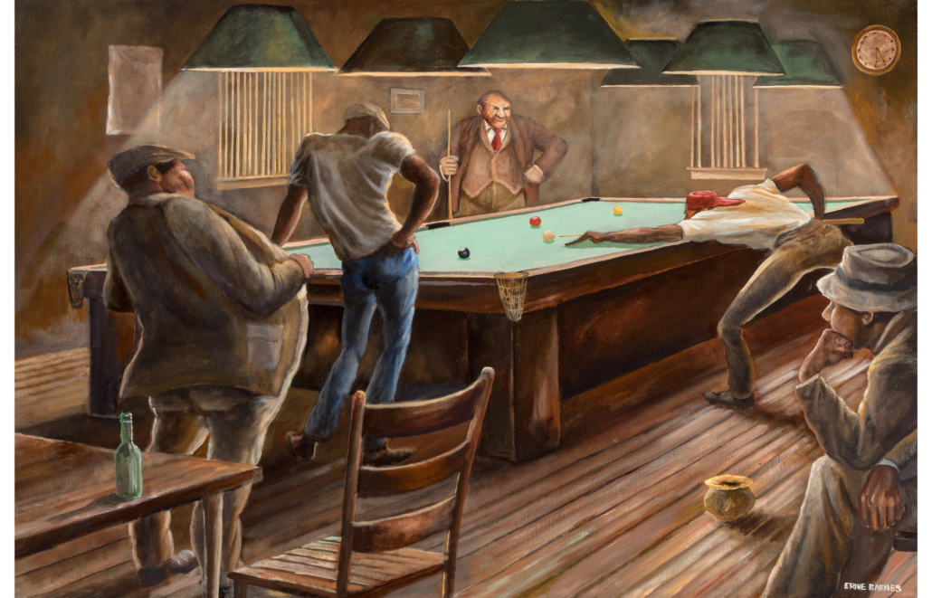 Ernie Barnes, ‘Pool Hall,’ $131,250. Image courtesy of Heritage Auctions