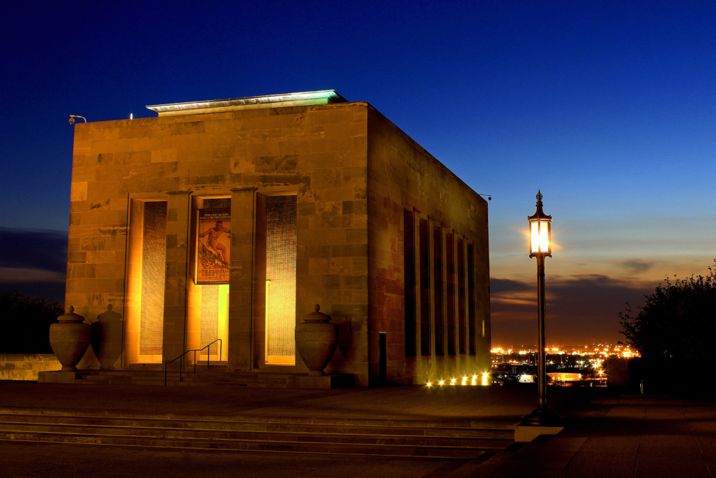  The Exhibit Hall of the National WWI Museum and Memorial at night. Image courtesy of the National WWI Museum and Memorial