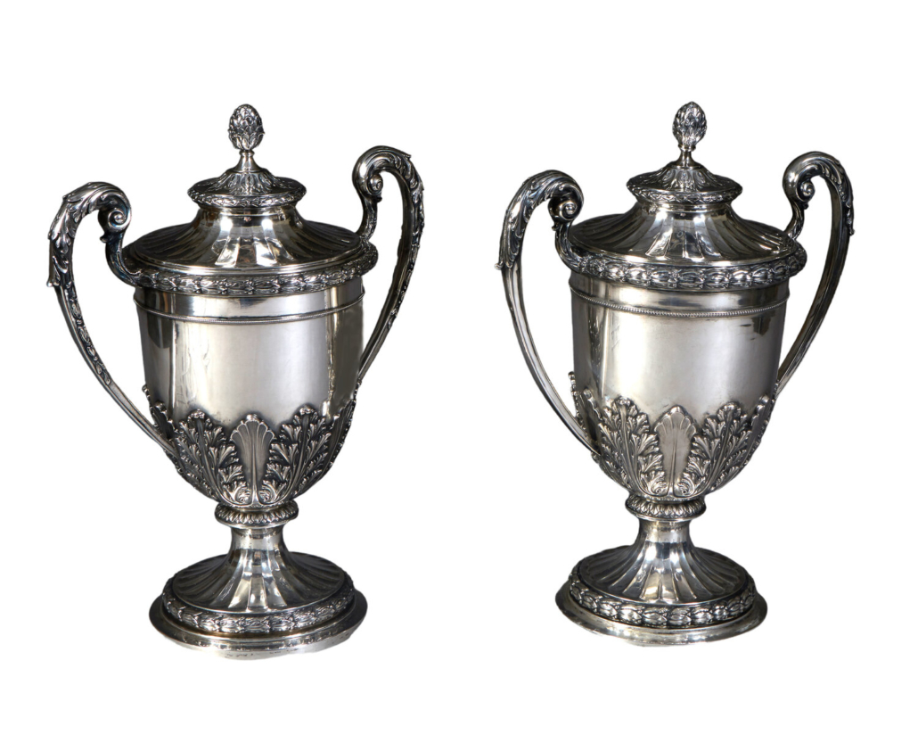 Large 19th-century pair of German silver covered urns, est. $1,500-$2,500