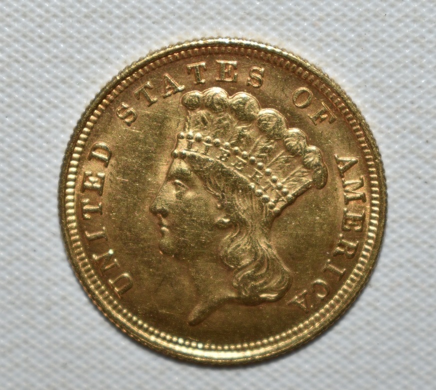 Key date 1877 three-dollar Indian Princess U.S. gold coin, AU-55, est. $25-$1,000
