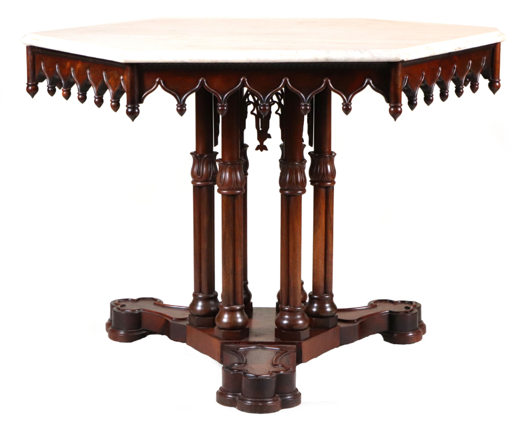 Gothic Revival mahogany and rosewood center table attributed to Alexander Jackson Davis but possibly made by Alexander Roux, est. $25,000-$50,000