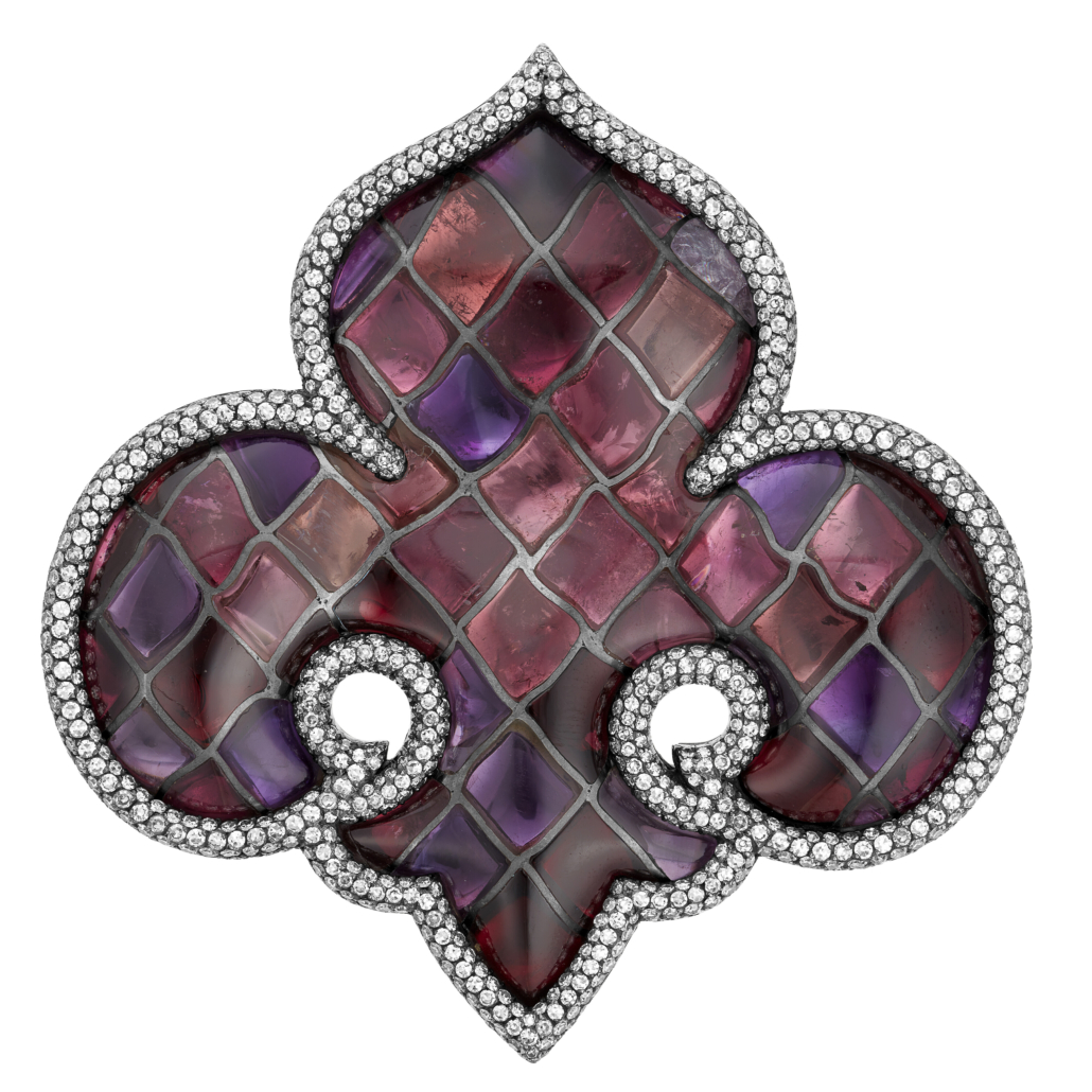 Diamond and gem-set Fleur-de-Lys brooch created by JAR for Ann Getty. Image courtesy of Christie’s Images Ltd. 2022