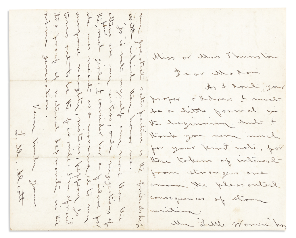  Louisa May Alcott signed, autographed letter including praise for ‘Little Women,’ est. $1,200-$1,800