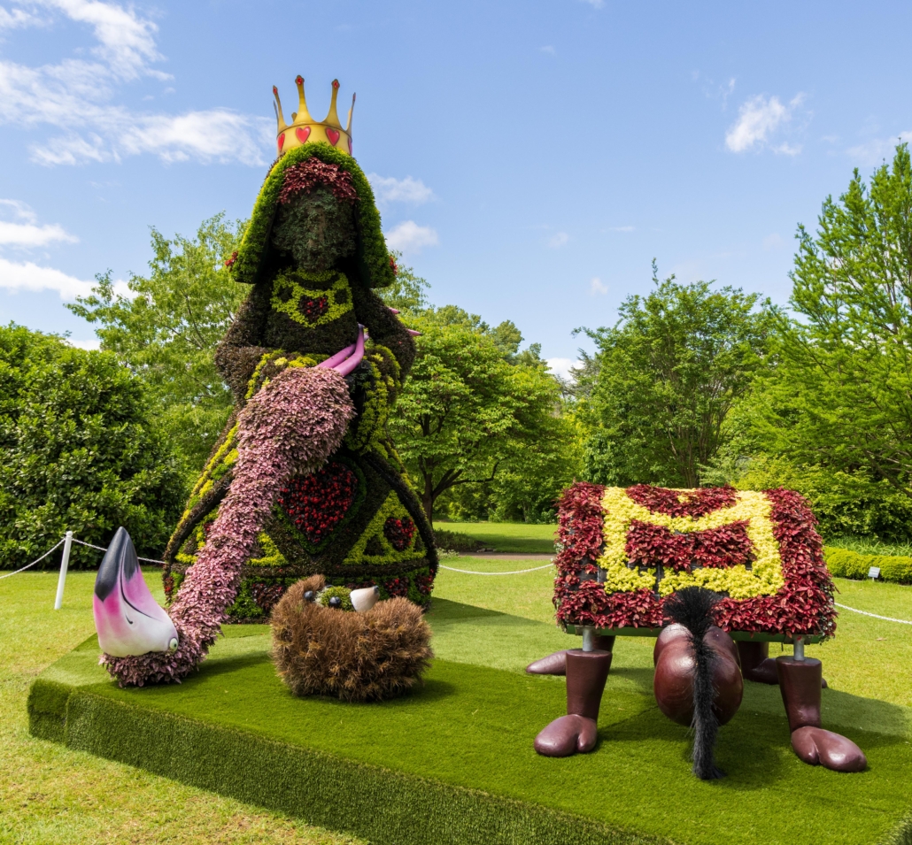 The Red Queen plays her curious version of croquet with a flamingo mallet and hedgehog ball. This 19ft-tall living sculpture located just outside the Memphis Botanic Garden's Visitors Center was created using more than 6,500 individual plants. Photo credit: Mike Kerr
