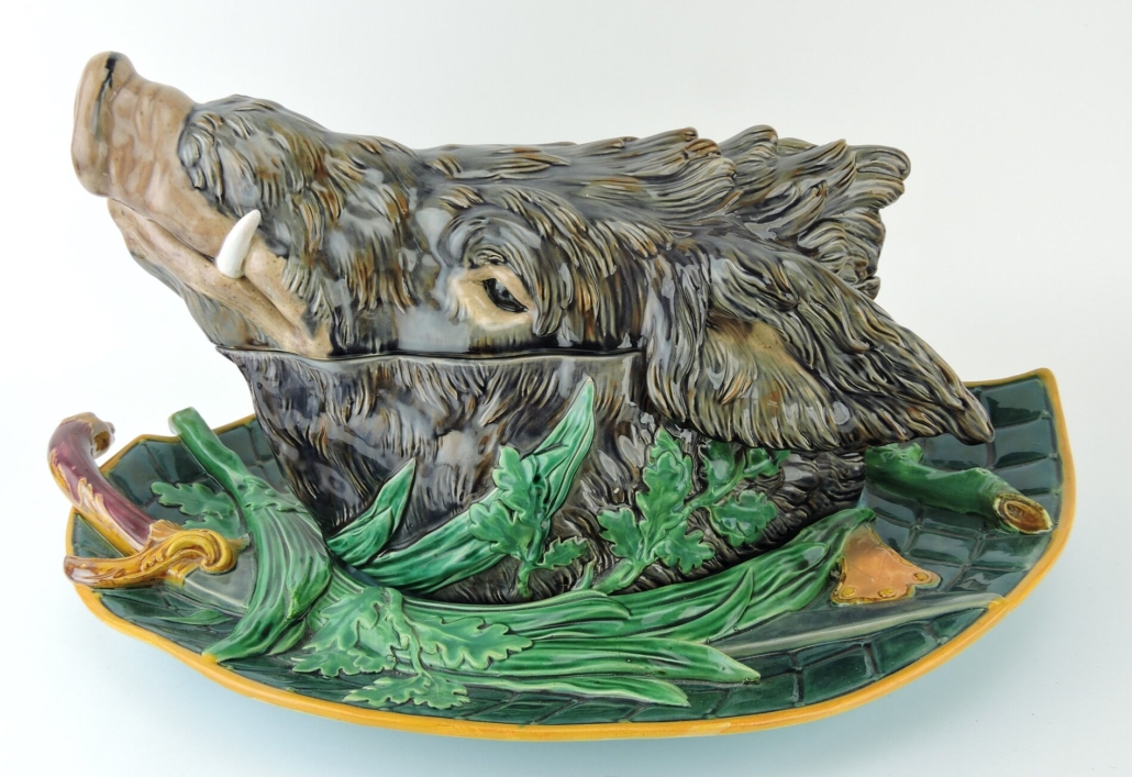 Minton majolica boar's head tureen with matching fitted tray, est. $40,000-$60,000