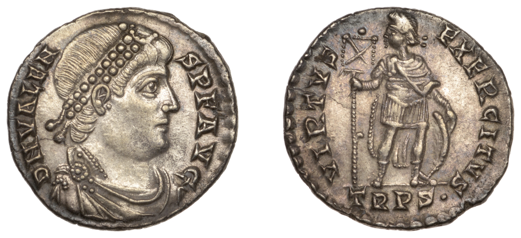 A Roman silver Miliarensis coin featuring an image of Valens, who ruled from 364-378, realized £2,976. Image courtesy of Noonans