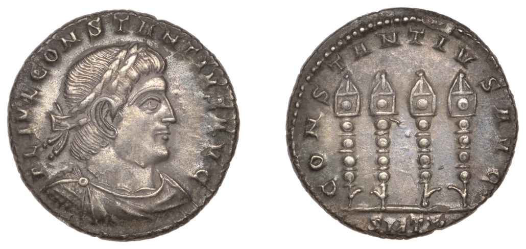 A Roman silver Miliarensis coin featuring an image of Constantius II, who ruled from 337 to 361, sold for £4,960. Image courtesy of Noonans