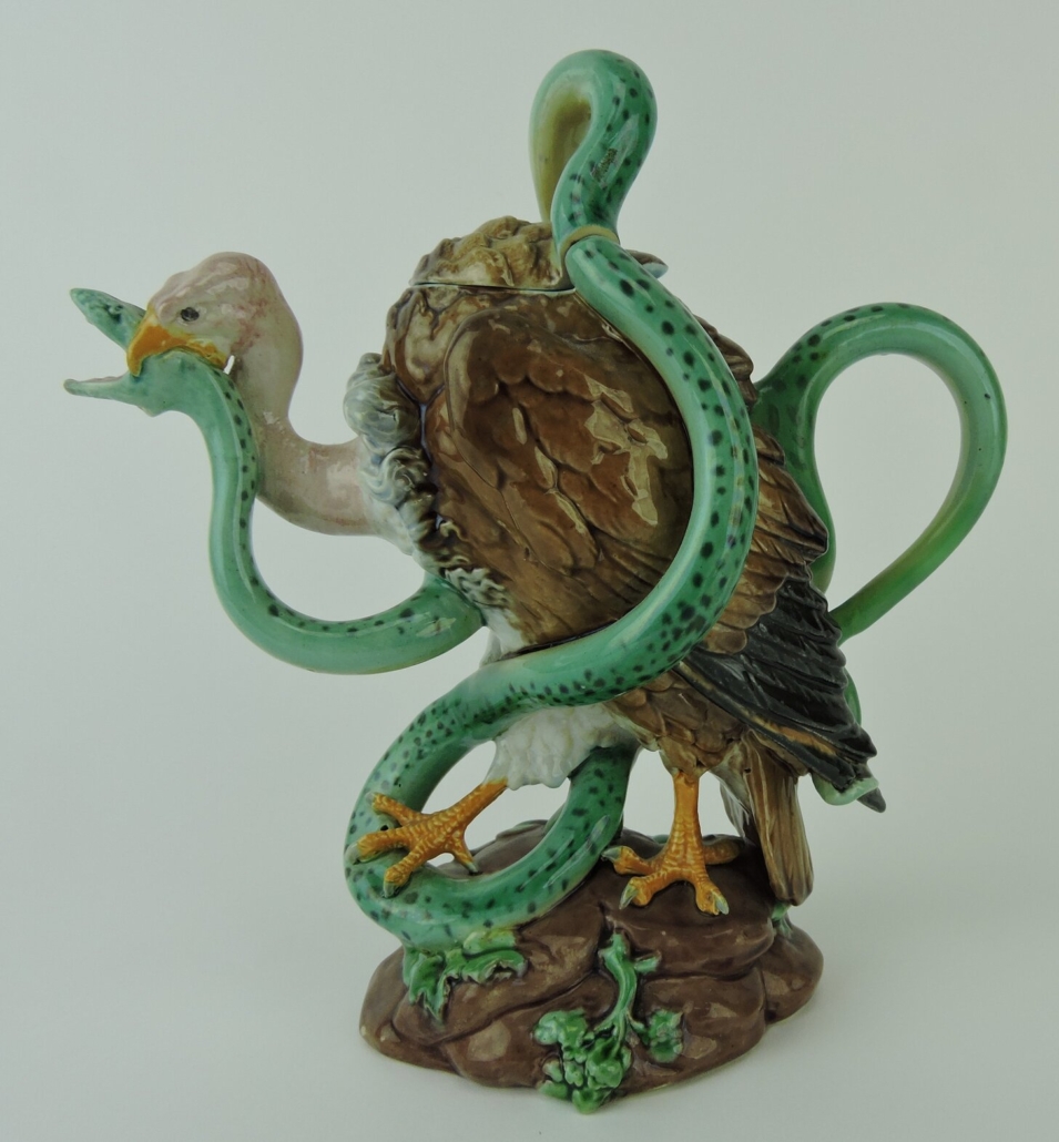 Minton majolica teapot in the form of a vulture attacking a snake, est. $30,000-$40,000