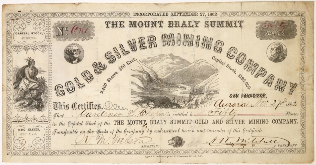 Mount Braly G & S Mining Company (Aurora, Nev.) stock certificate #1, with vignettes showing miners and Native Americans, $1,000