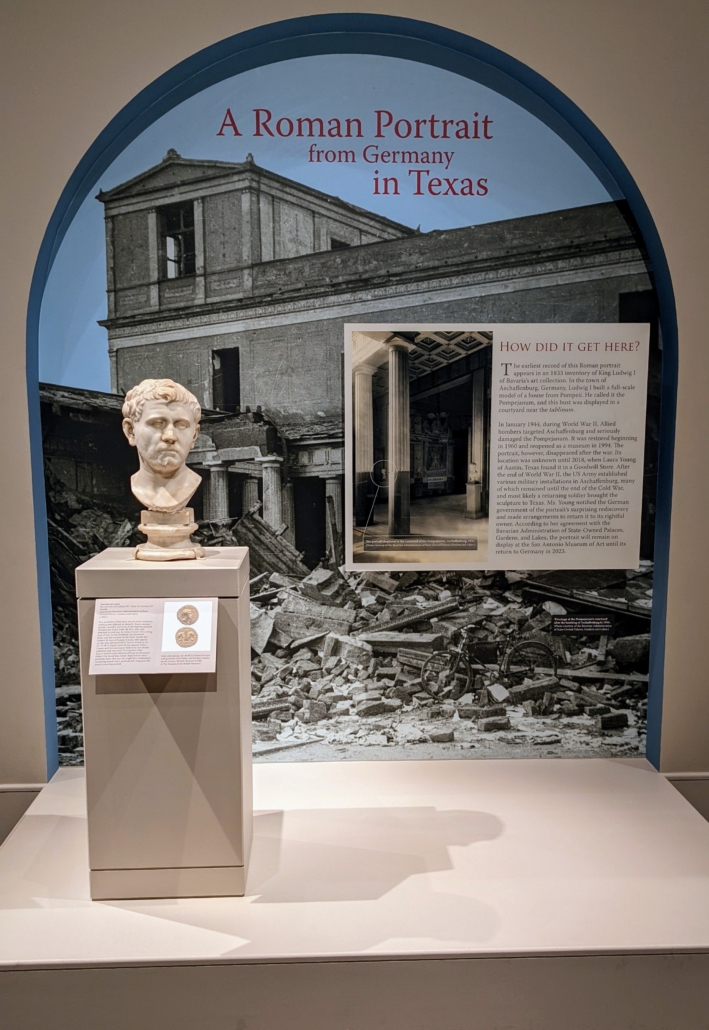 The rediscovered Roman bust on display at the San Antonio Museum of Art (SAMA), where it will remain until it returns to Germany in or after May 2023. Image courtesy of the San Antonio Museum of Art