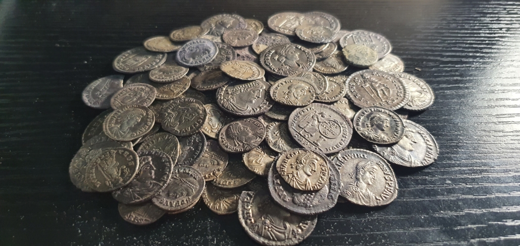 The Vale of Pewsey hoard, discovered in Wiltshire, England in September 2020, consists of 142 Roman silver coins. Image courtesy of Noonans
