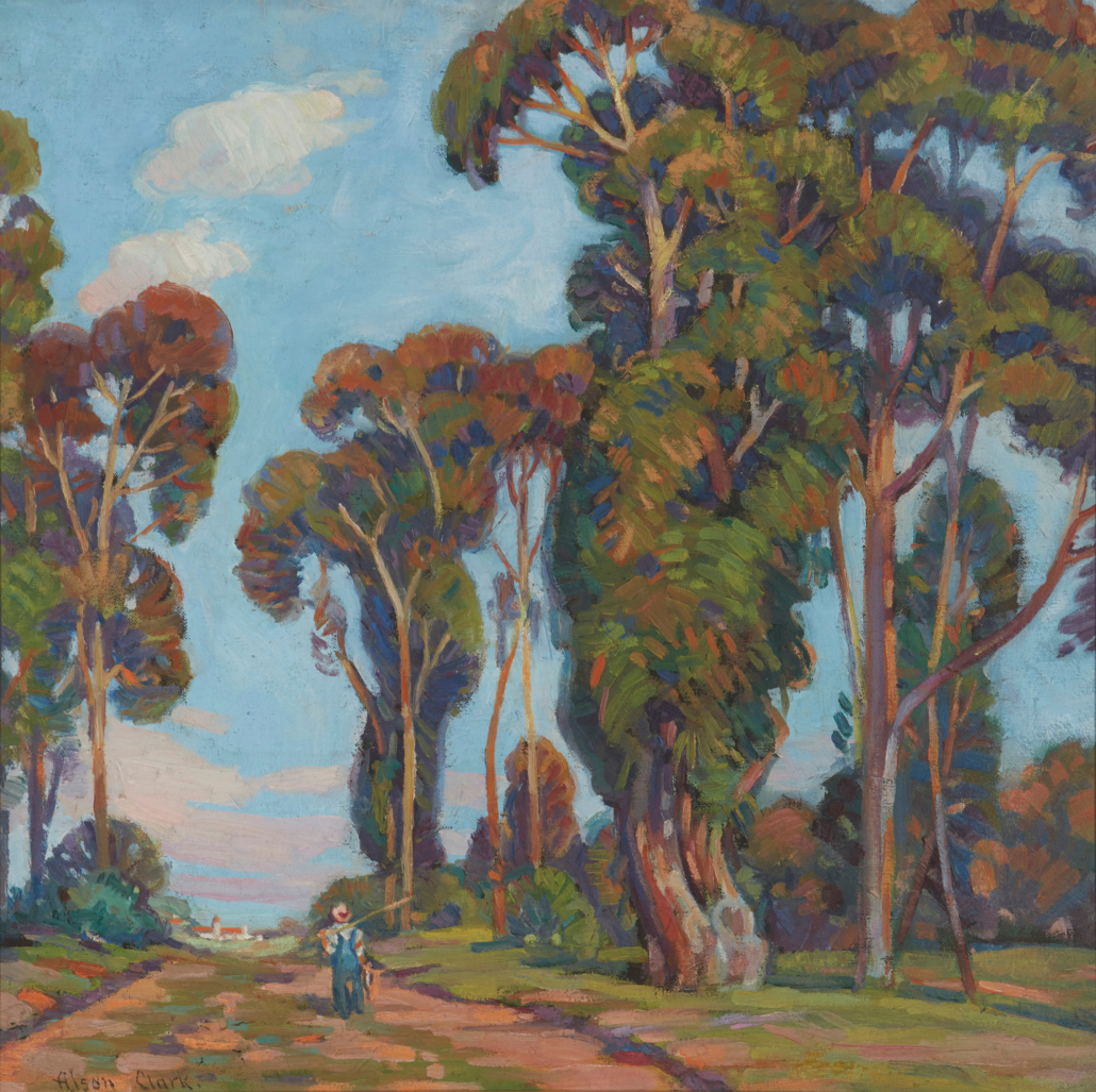 Alson Clark, ‘Eucalyptus landscape with fisherman,’ $21,250