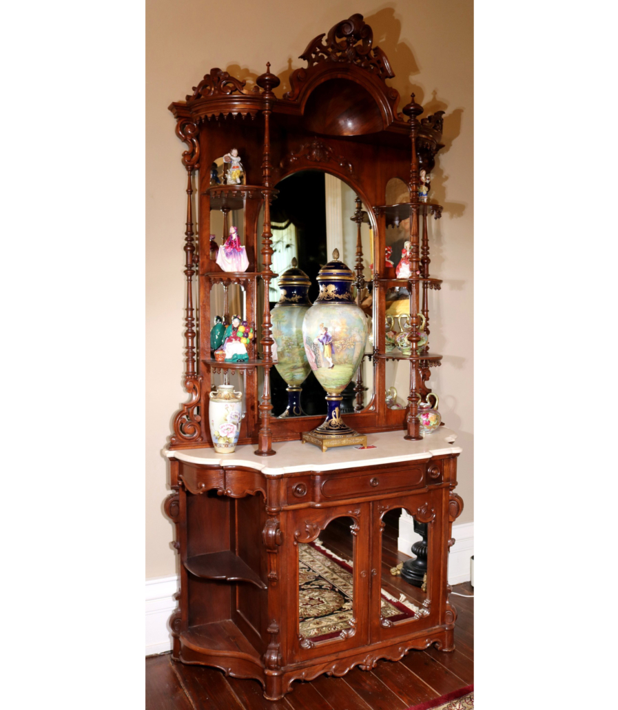 Rosewood etagere with white marble and glass doors, est. $1,500-$2,500