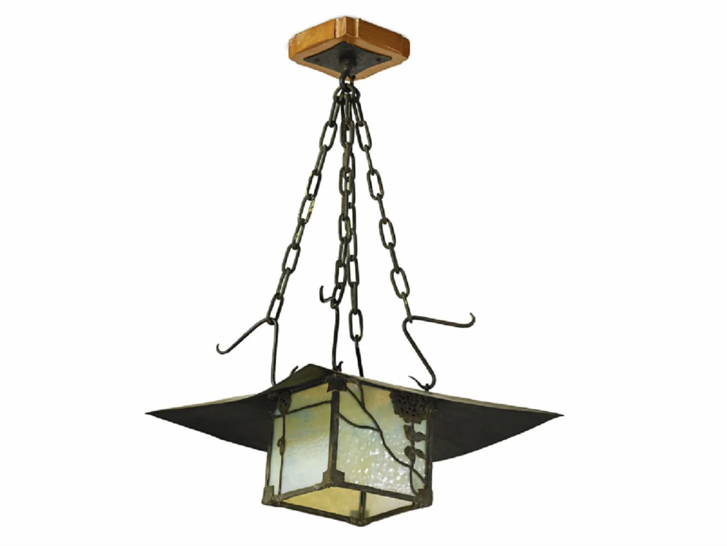 A Greene & Greene hanging lantern, designed circa 1903-04 for the Jennie A. Reeve House in Long Beach, Calif., achieved $115,000 plus the buyer’s premium in September 2017. Image courtesy of Rago Arts and Auction Center and LiveAuctioneers.
