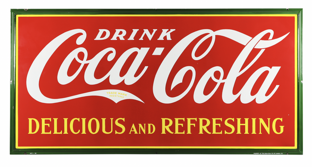 Monumental single-sided porcelain Coca-Cola sign from 1937, CA$7,670