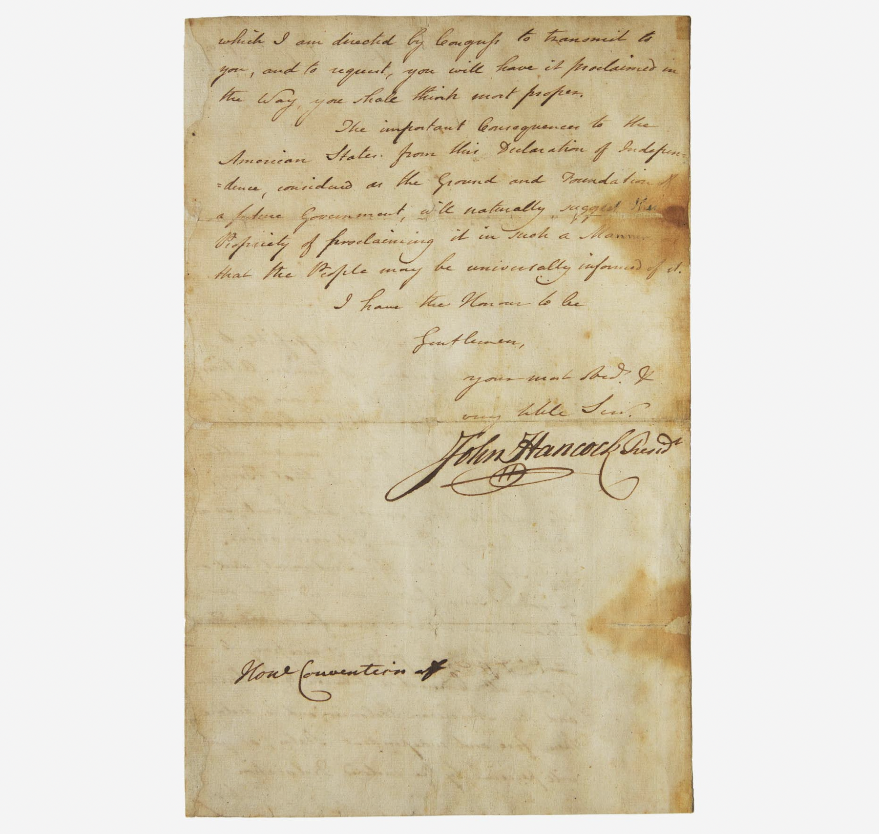 John Hancock’s 1776 letter to the state of Georgia proclaiming America’s Independence, $1.8 million