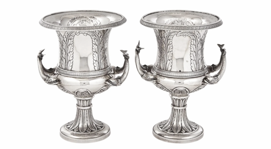 Pair of silver vases by Philadelphia silversmiths Thomas Fletcher and Sidney Gardiner, $59,850