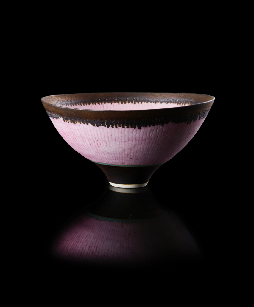 Lucie Rie footed bowl with pink body banded with turquoise, £57,500
