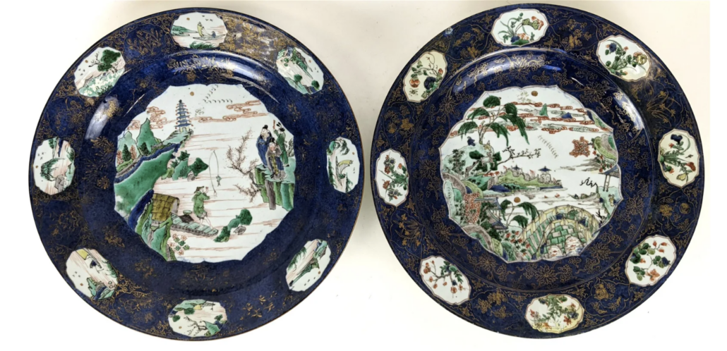 Pair of Chinese famille-decorated Kangxi period chargers, est. $6,000-$9,000