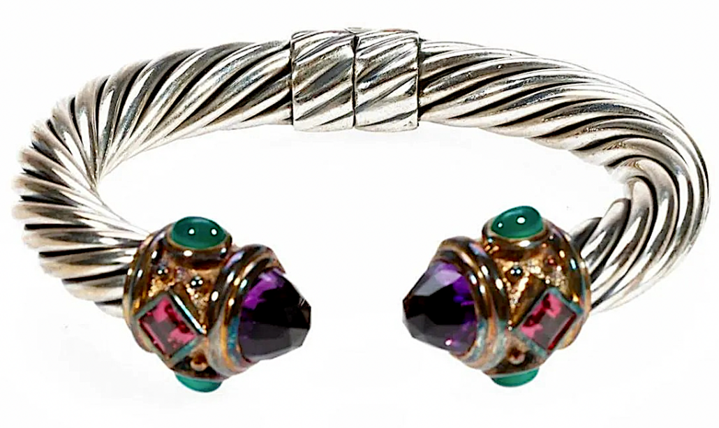 David Yurman amethyst, pink tourmaline, green onyx, silver and 14K gold cuff bracelet, estimated at $300-$500