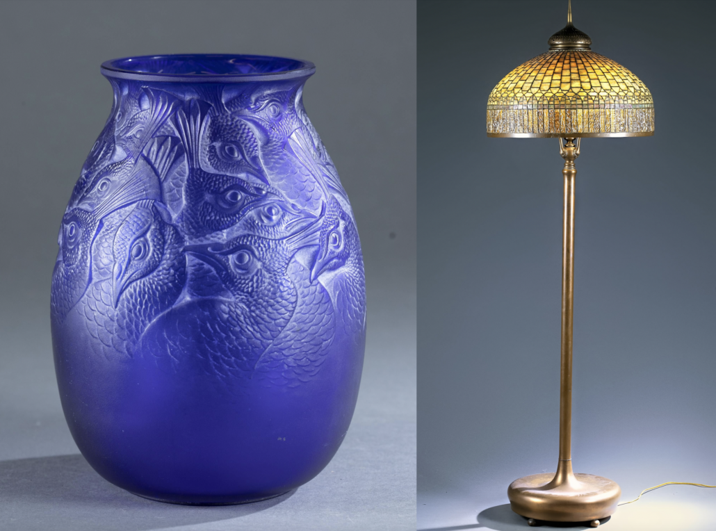 Left, Rene Lalique Borromee blue molded glass vase, est. $10,000-$15,000; Right, Tiffany Studios Curtain Border floor lamp, est. $40,000-$60,000. Images courtesy of Quinn’s Auction Galleries