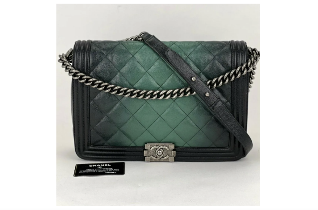 Chanel quilted glazed leather Large Boy handbag in dark green ombre, est. $8,000-$10,000