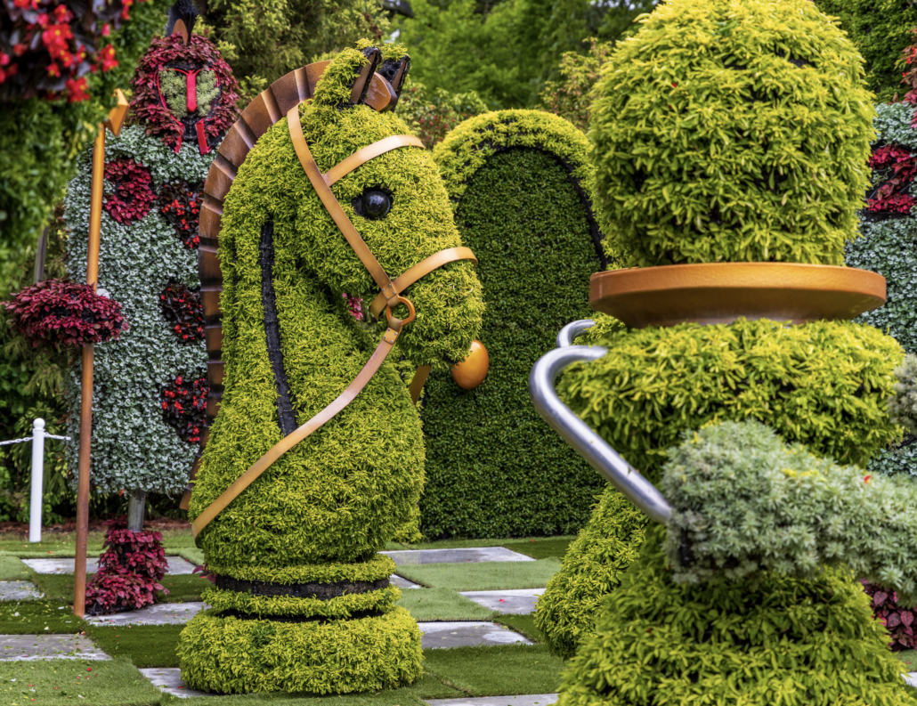 The Chess Set contains more than 25,000 plants on its 17 individual pieces including 10 heart trees, each 12ft tall; three card guards; and two pawns. Photo credit: Mike Kerr