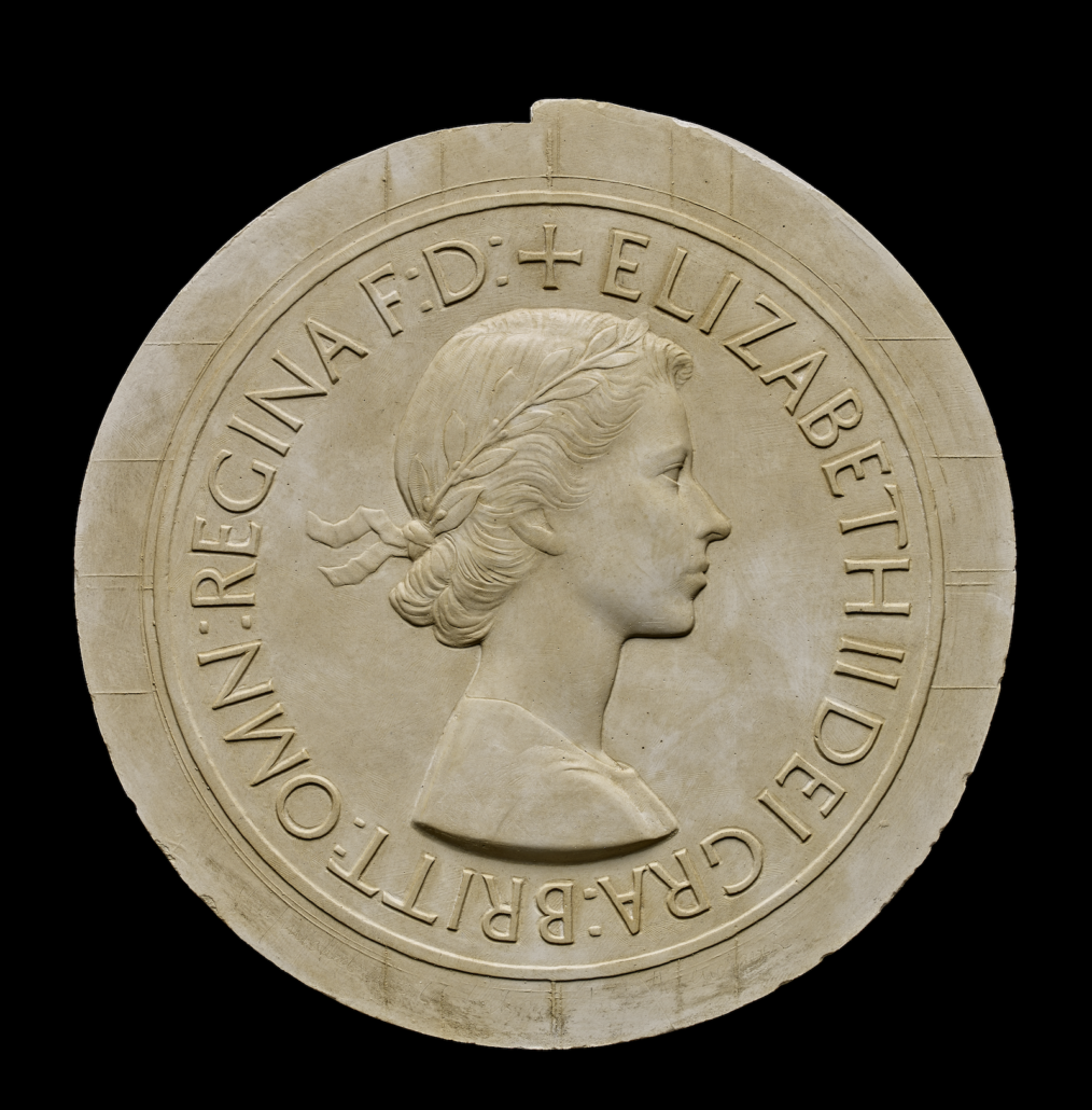 Bust of Queen Elizabeth II r., wearing laurel wreath. Reproduced by permission of the artist © The Trustees of the British Museum