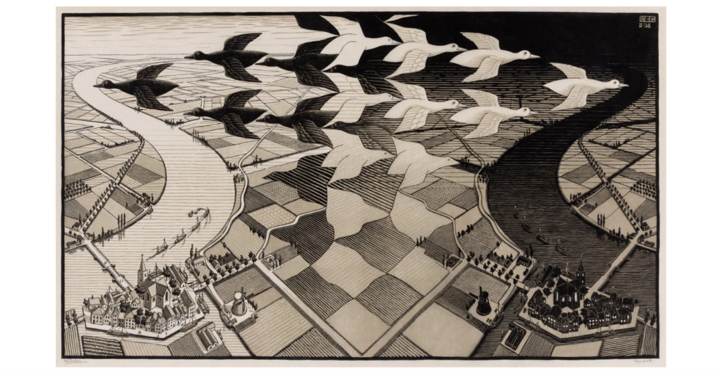 M.C. Escher, ‘Day and Night,’ est. $30,000-$50,000. Image courtesy of Doyle New York and LiveAuctioneers